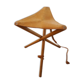 Wooden stool and vintage foldable leather