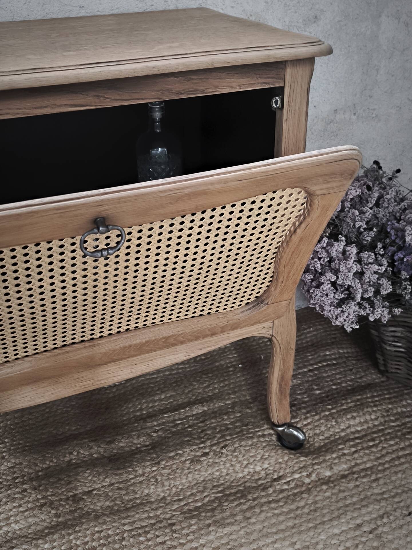 Bar cabinet / Sideboard in oak & natural caning – 1950s