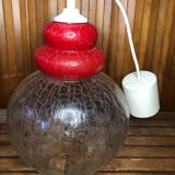 Ancienne suspension verre craquelé transparent & rouge années 70 vintage #a548
