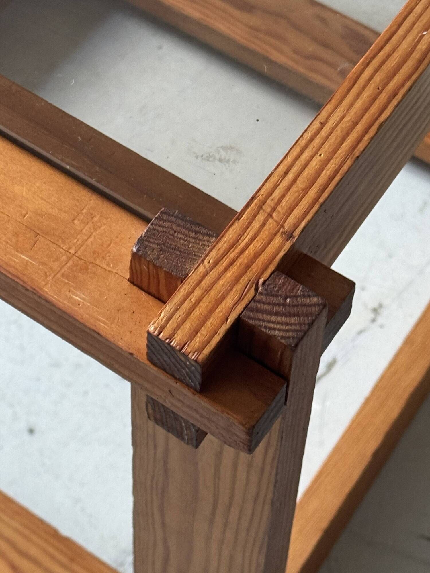 Modernist side table/nightstand in pine wood & smoked glass, 1970s design.