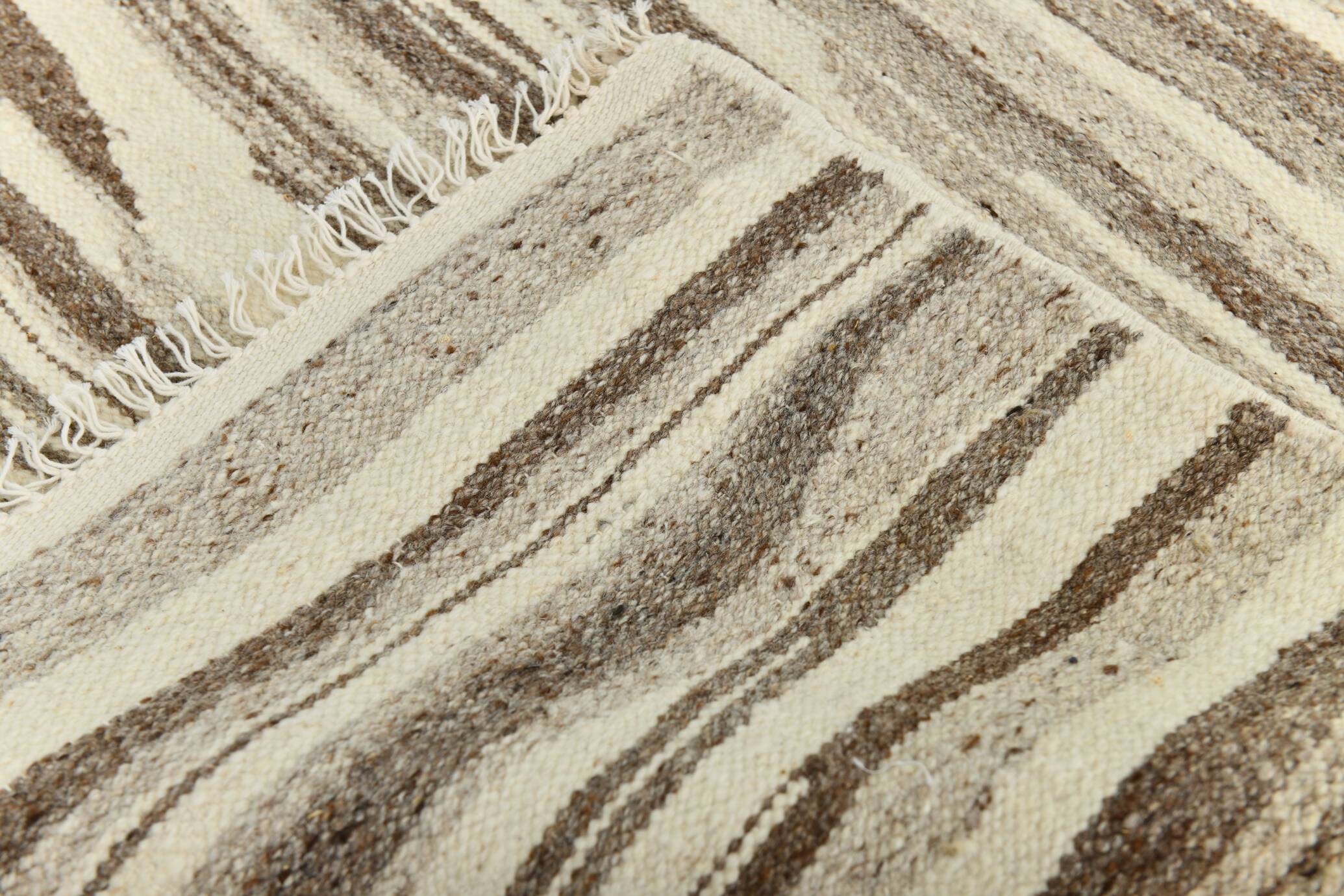 8x11 Brown Beige Minimalist Handmade Wool Kilim Rug, 226x350Cm