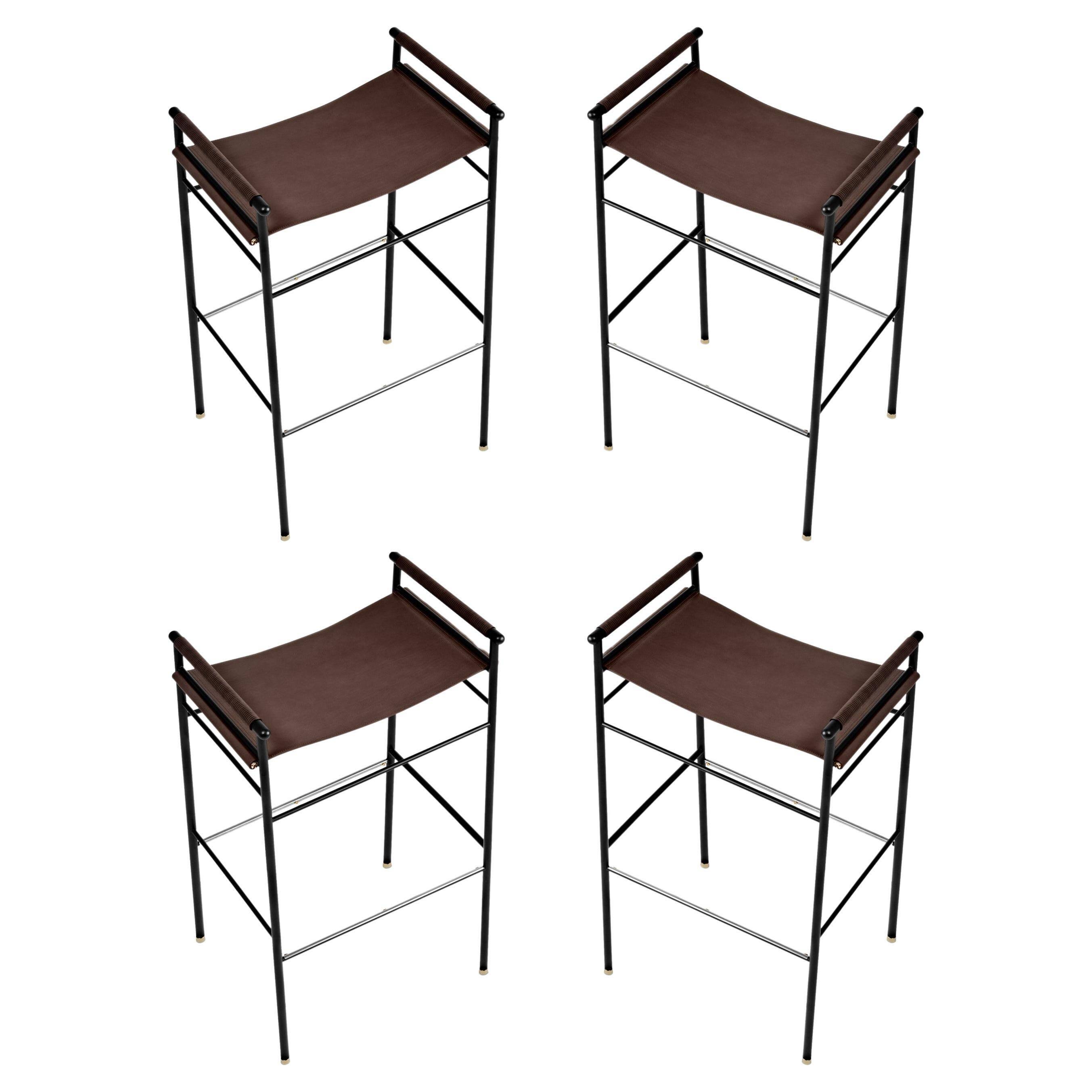 Jeu de 4 tabourets de bar Artisan Contemporary Cuir marron foncé Métal noir et caoutchouc