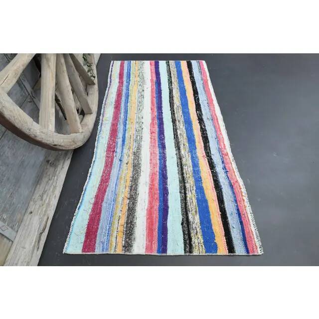 Vintage Turkish Oushak Handmade Wool Cotton Blue Area Rug 86x175