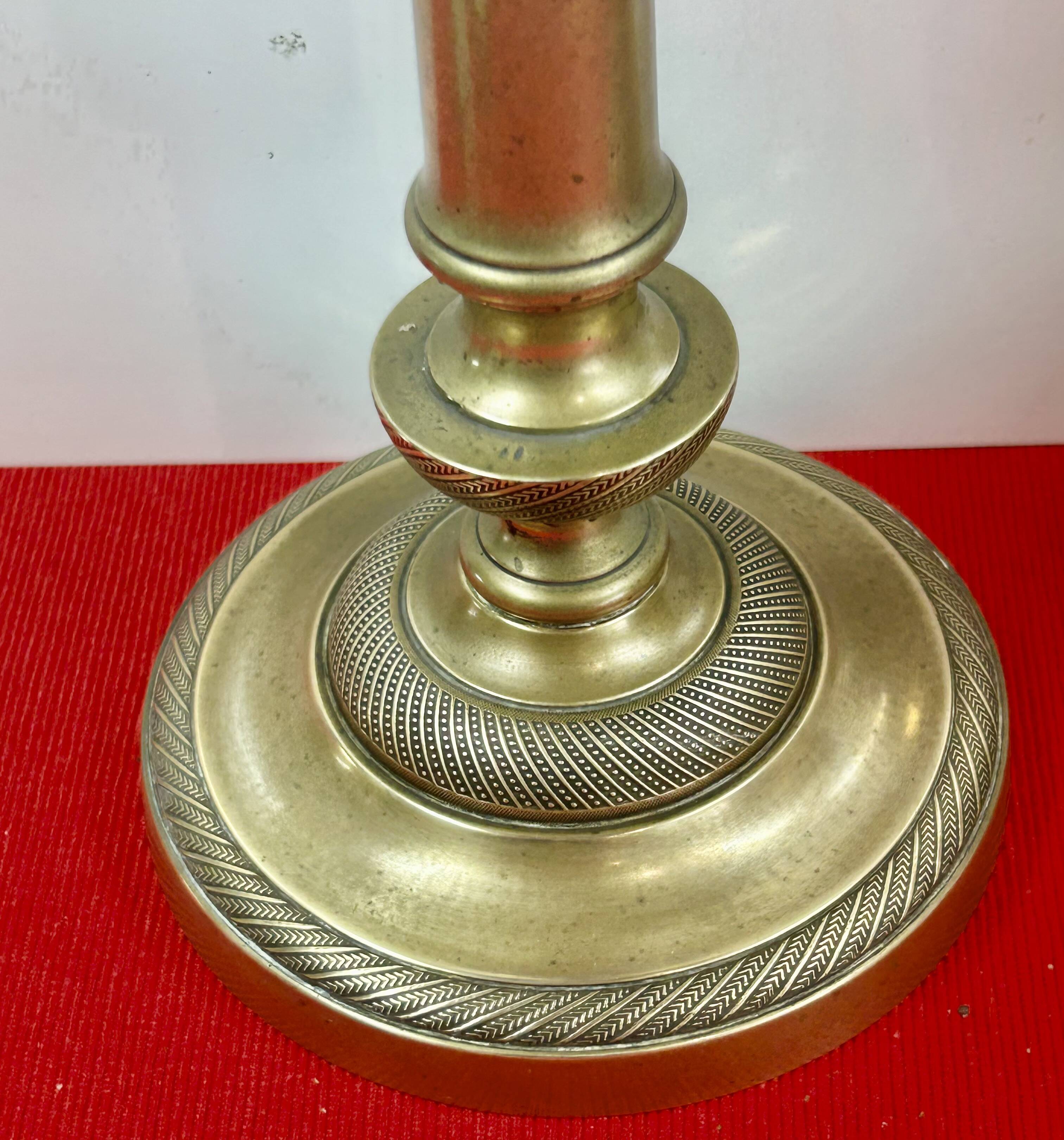 Pair of 19th-century restoration candlesticks in guilloché bronze - H 27 cm