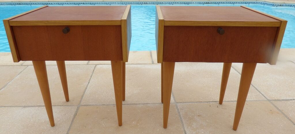 2 vintage scandinavian drawer nightstands with clamshell door