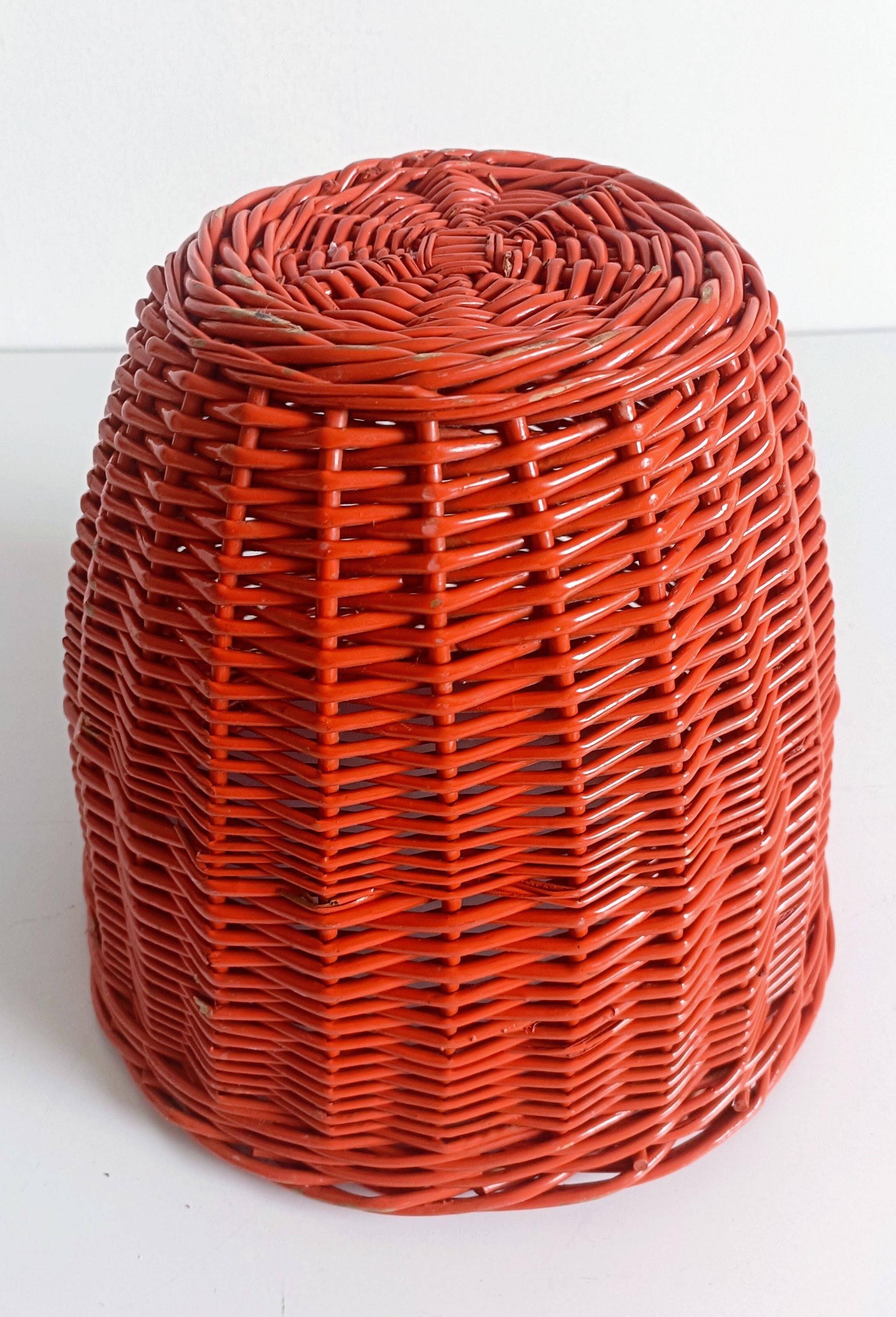 Bohemian Mid-Century Coral Red Wicker Basket, France, circa 1960s
