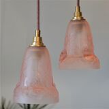 Pair of art nouveau style pendants in pink molded glass