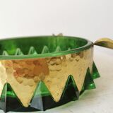 Cendrier en cristal vert et or vintage / Cendrier rond en verre de style mid-century modern