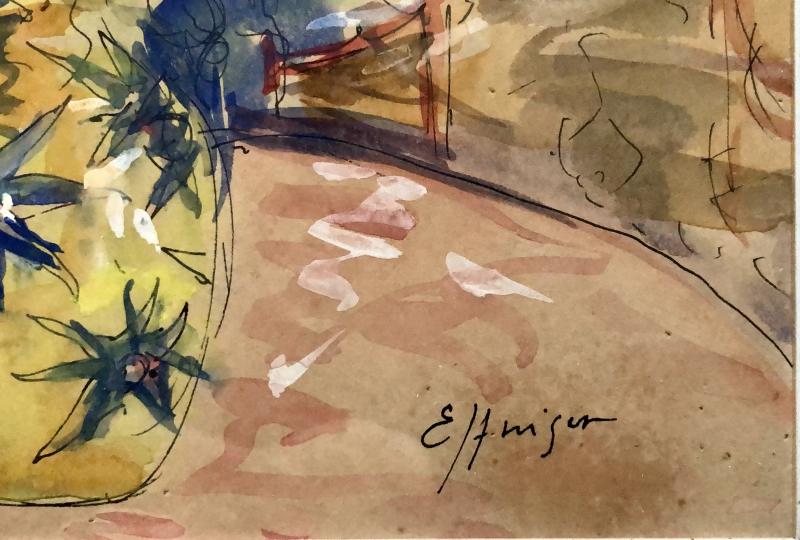 1930s/1950s, Watercolor Gouachée Figurant Un Intérieur Au Bouquet De Fleurs.