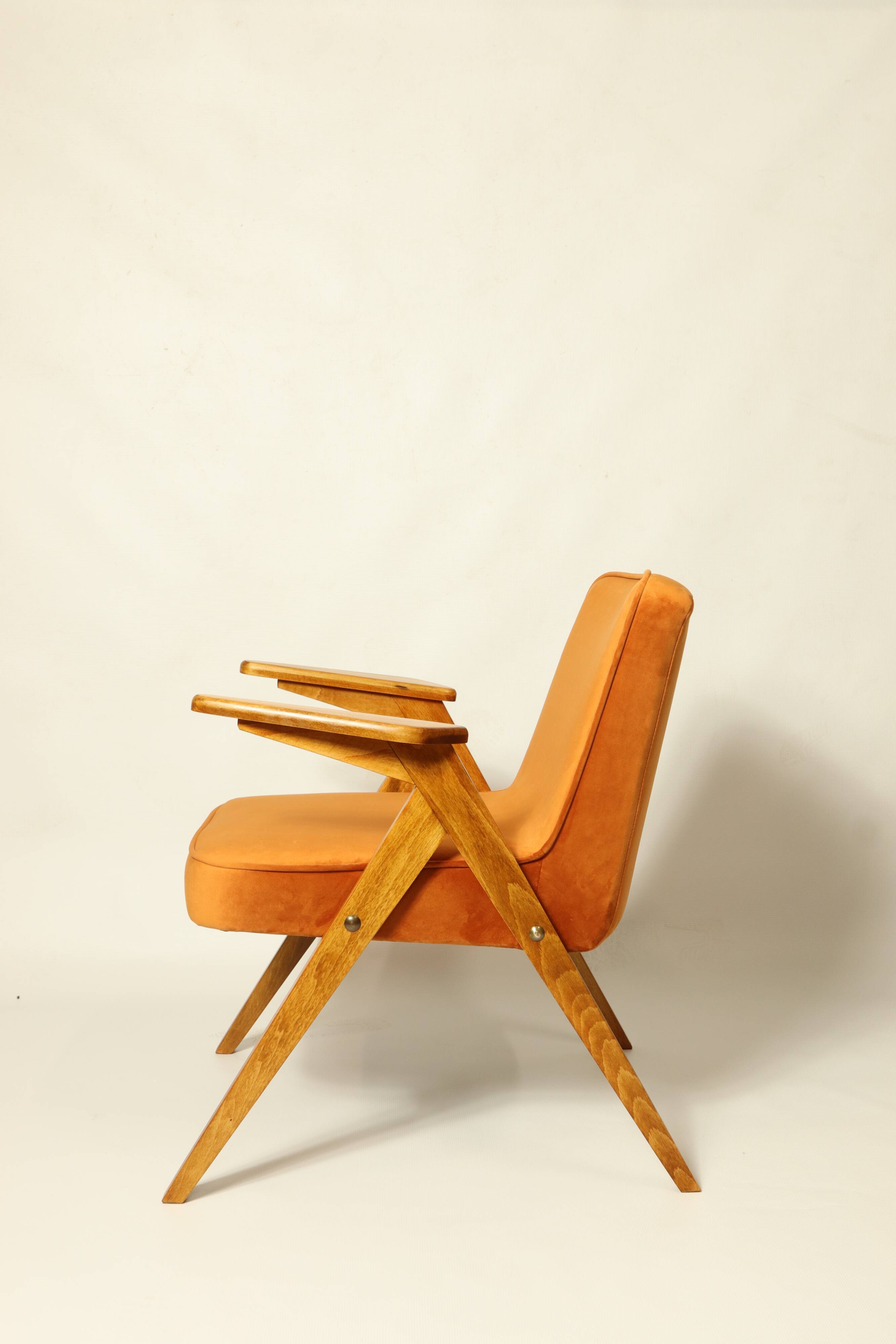 Vintage Lounge Chair Burt Orange by J. Chierowski, 1960, Scandinavian Design Velvet Fabric
