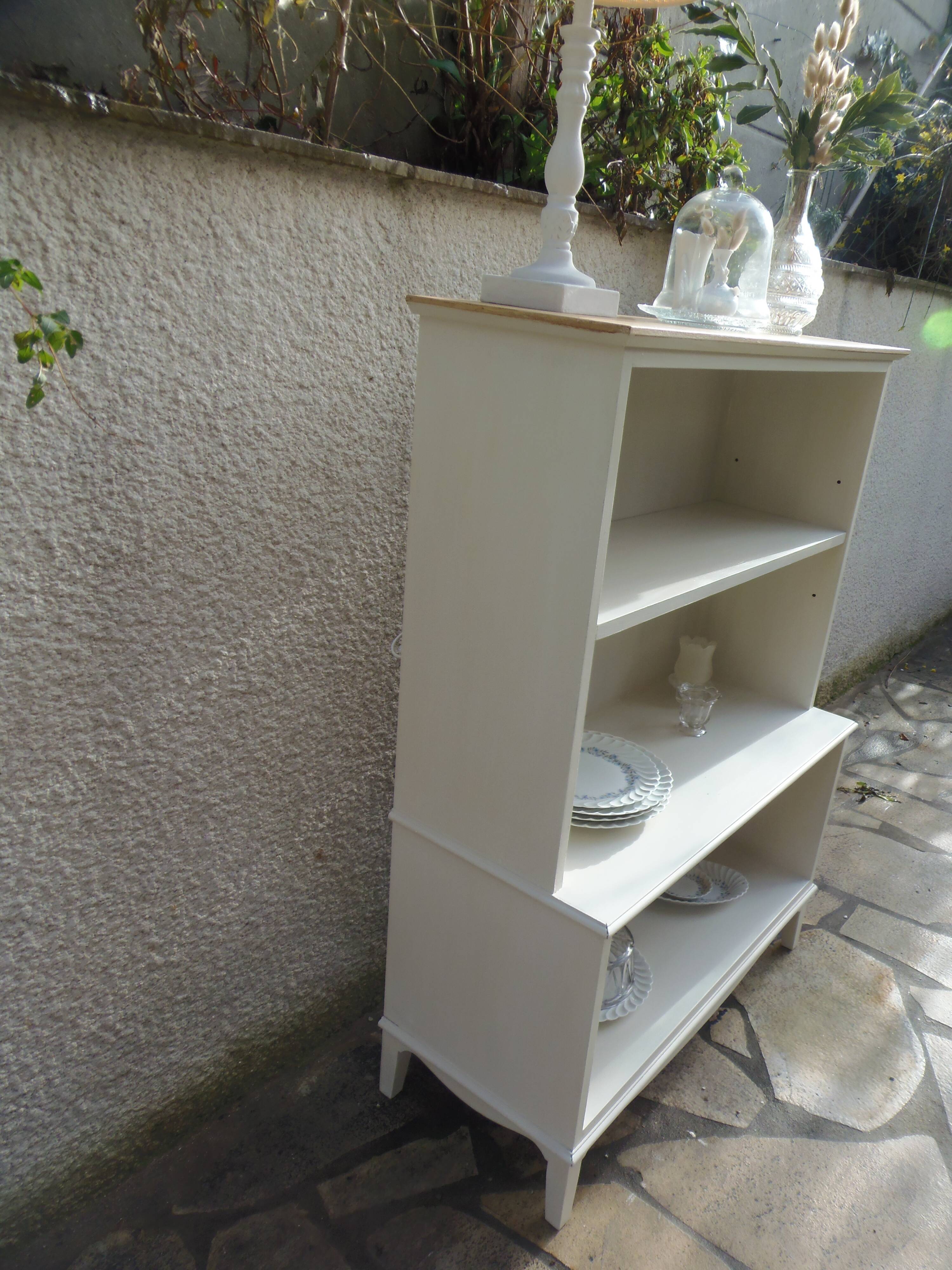 Vintage library enhanced in beige, wooden top.