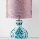 Royal Delft blue-green ceramic table lamp with pink jacquard peacock shade.