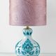 Lampe de table en céramique Royal Delft bleu-vert avec abat-jour jacquard paon rose