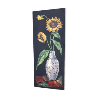 Peinture de tournesols dans un vase provient des années 60 / 70