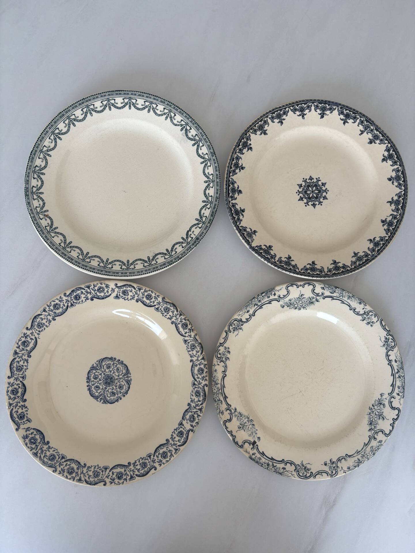 Lot 4 assiettes plate terre de fer bleu faïence ancienne - terre de fe