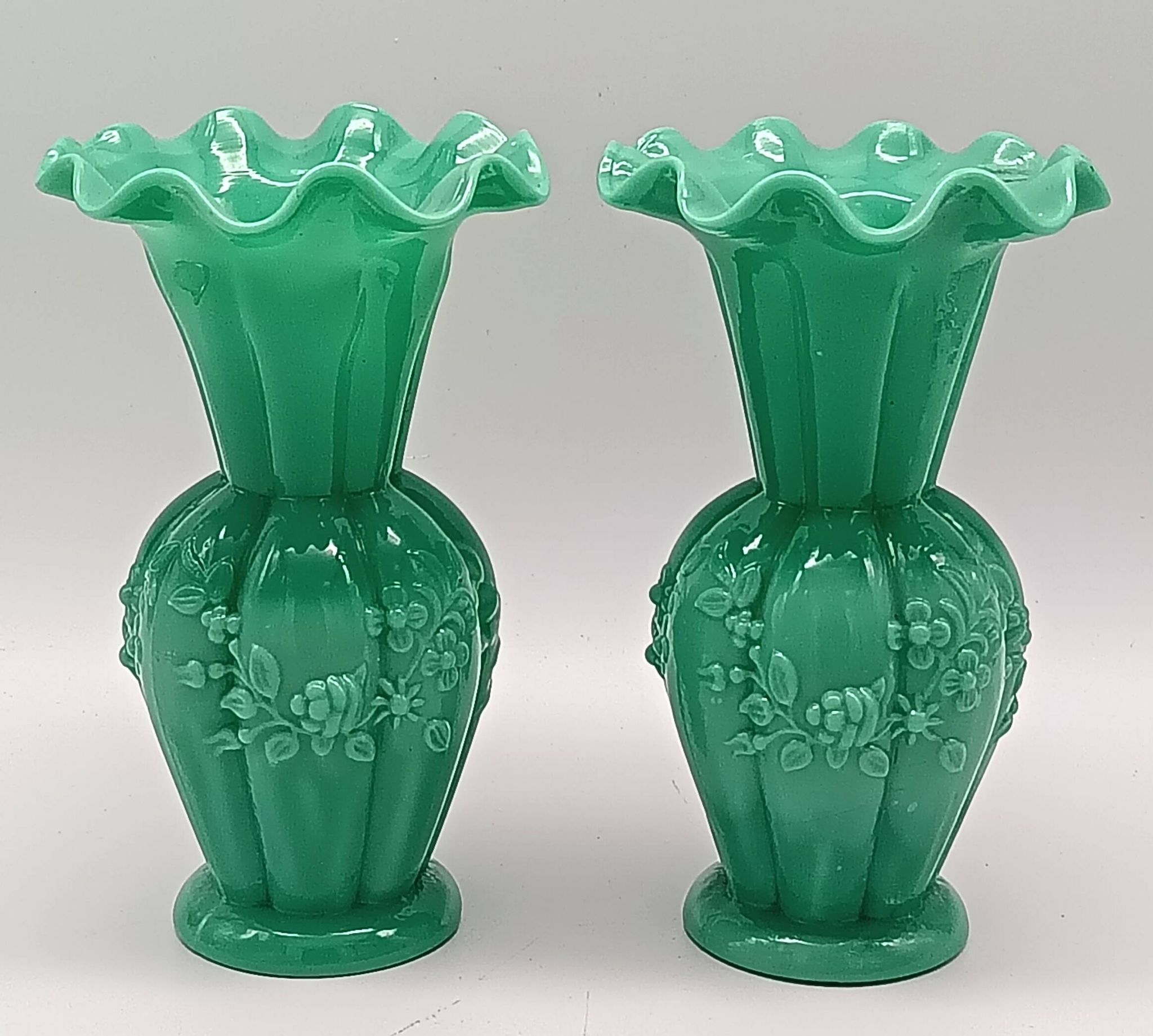 Pair of antique green opaline fairground vases, vintage, french