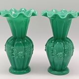 Pair of antique green opaline fairground vases, vintage, french