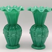 Pair of antique green opaline fairground vases, vintage, french
