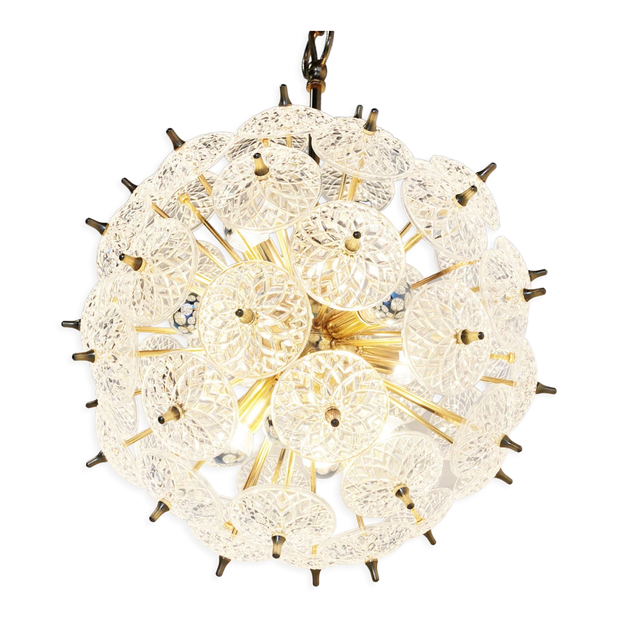 Mid century brass and crystal sputnik chandelier by Val saint lambert, 1960s