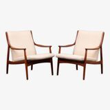 2 teak and ecru fabric armchairs, Denmark 1960