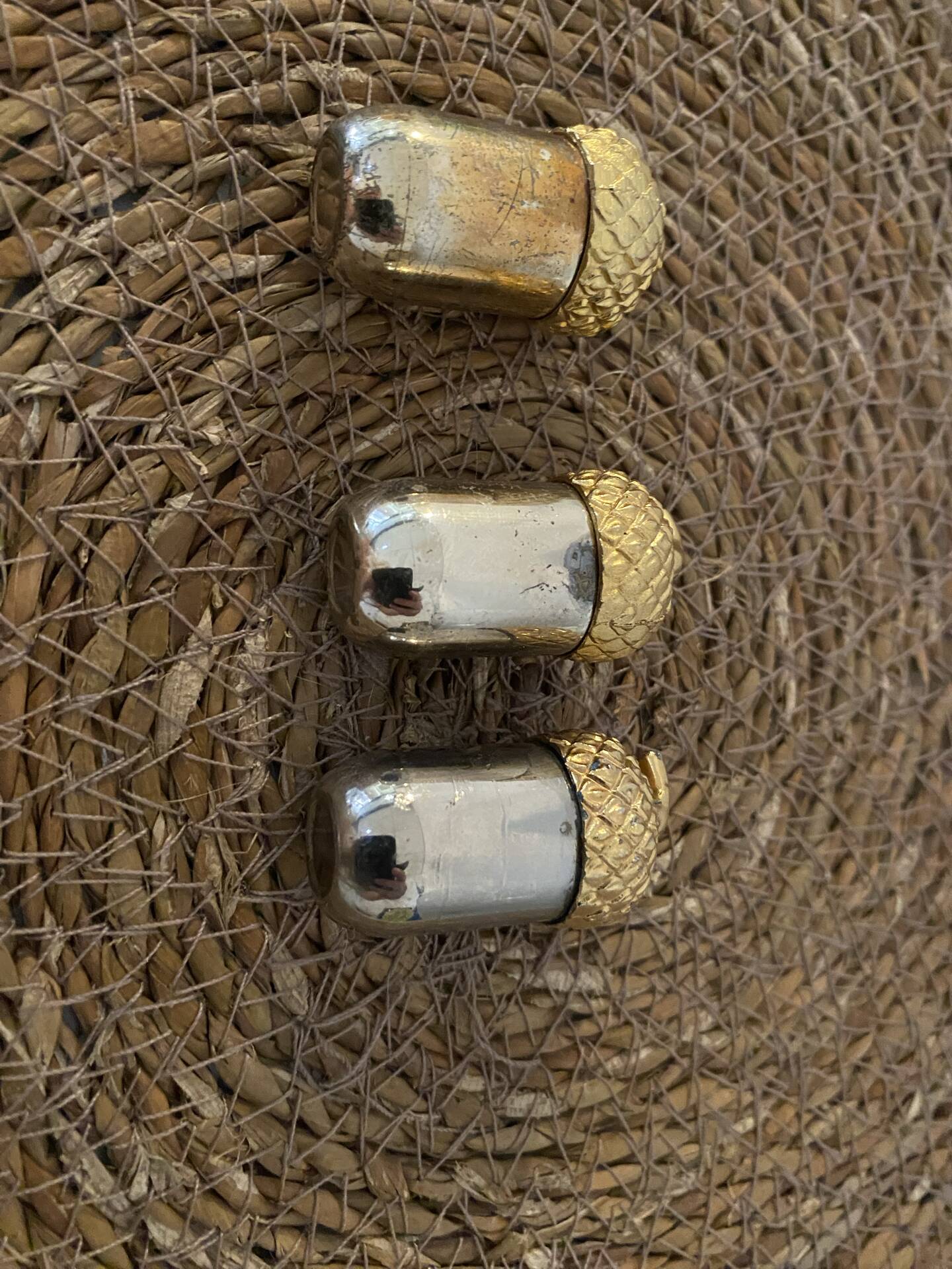 🌟 Vintage Trio of Acorn Salt and Pepper Shakers (Silver & Gold Metal)