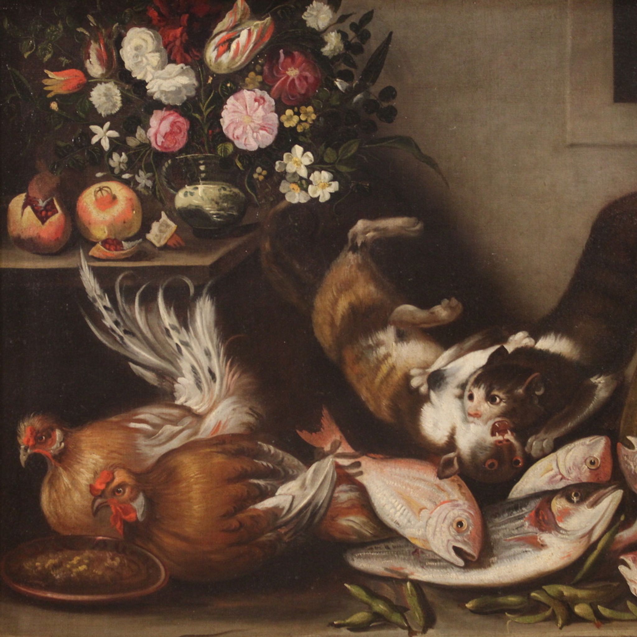 Great 18th century still life with animals, flowers and fruit