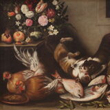 Great 18th century still life with animals, flowers and fruit