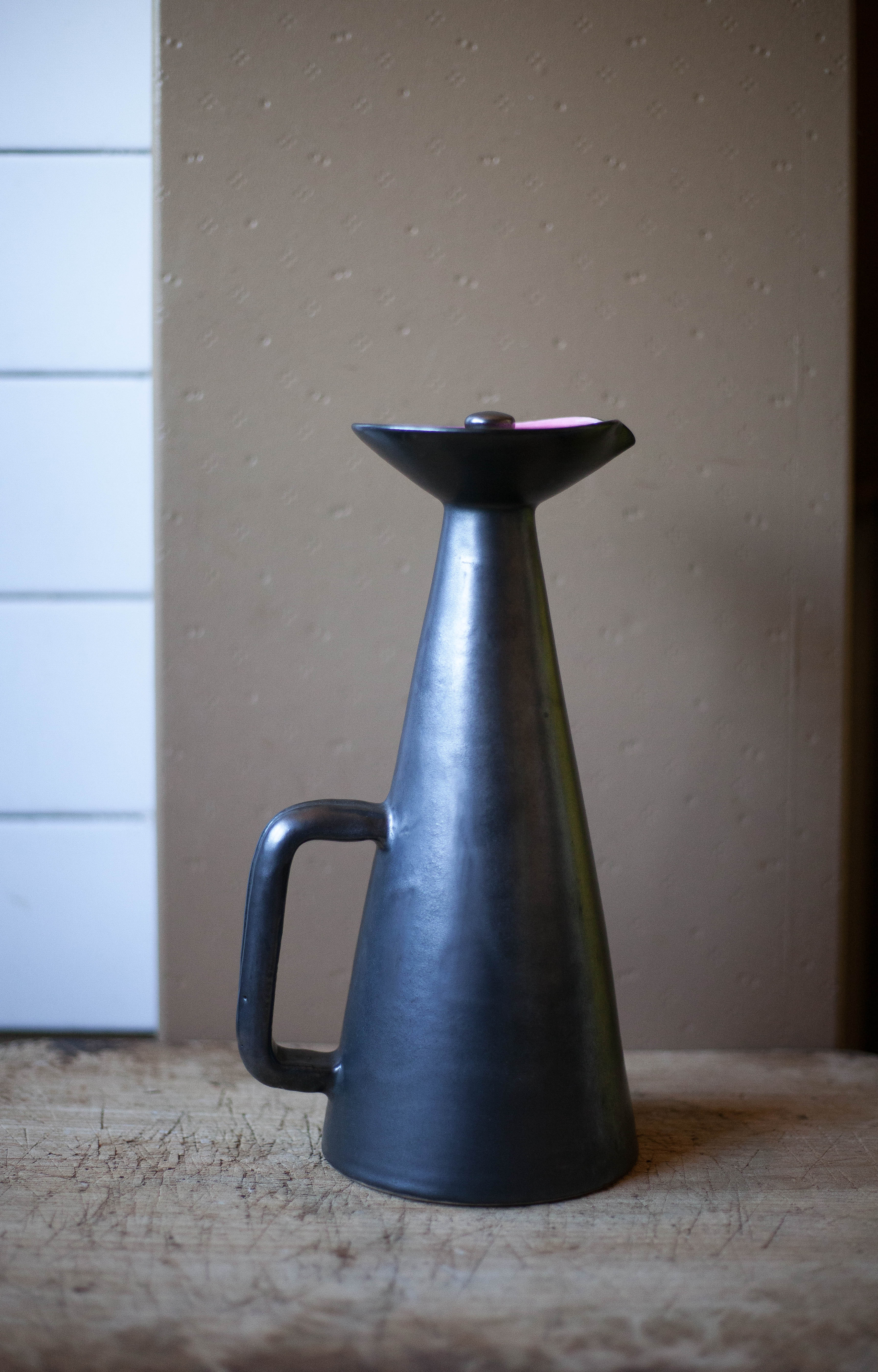 Ceramic pitcher of Louviers manufacture 50s, pitcher with conical handle