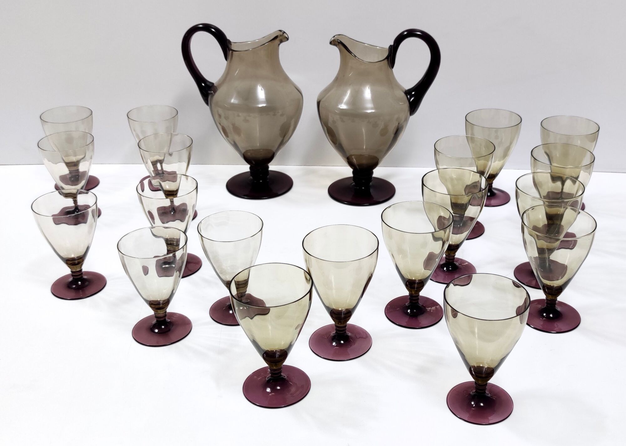 Amber, Straw-Colored and Plum Murano Glass Drink Set of 24 Pieces, Italy 1920s