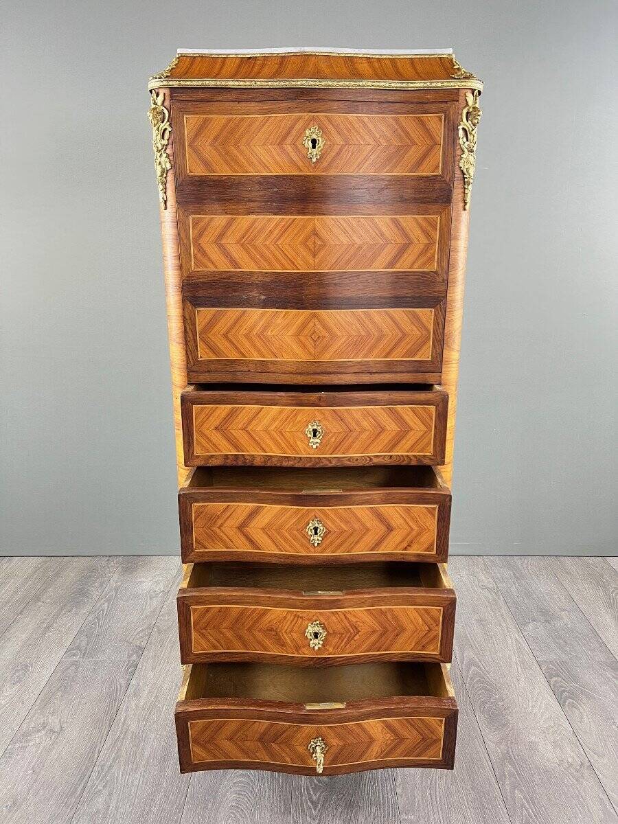 Marquetry Drop-Leaf Secretary, Louis XV Style, 19th Century