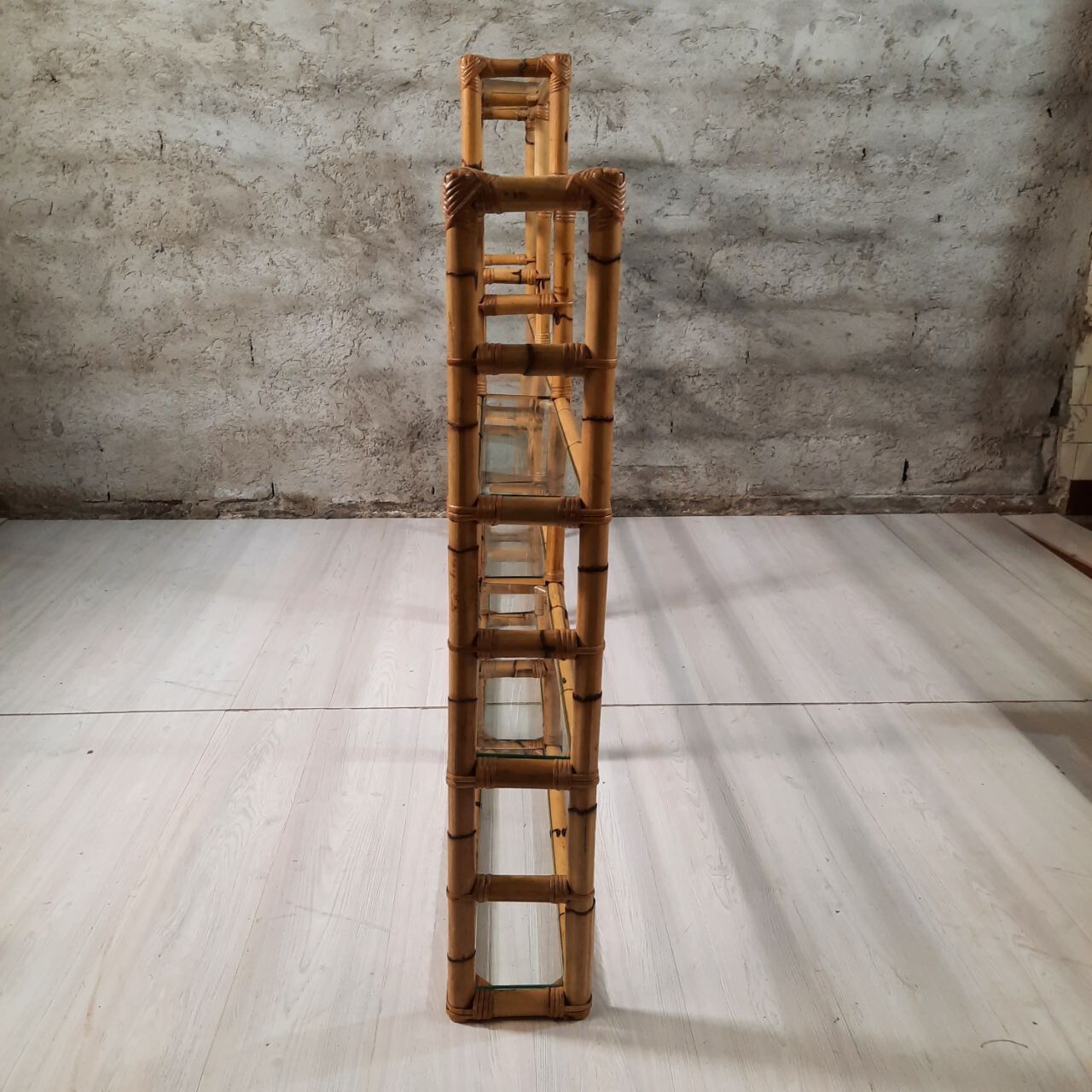 Bookcase, vintage bamboo shelf with glass shelves