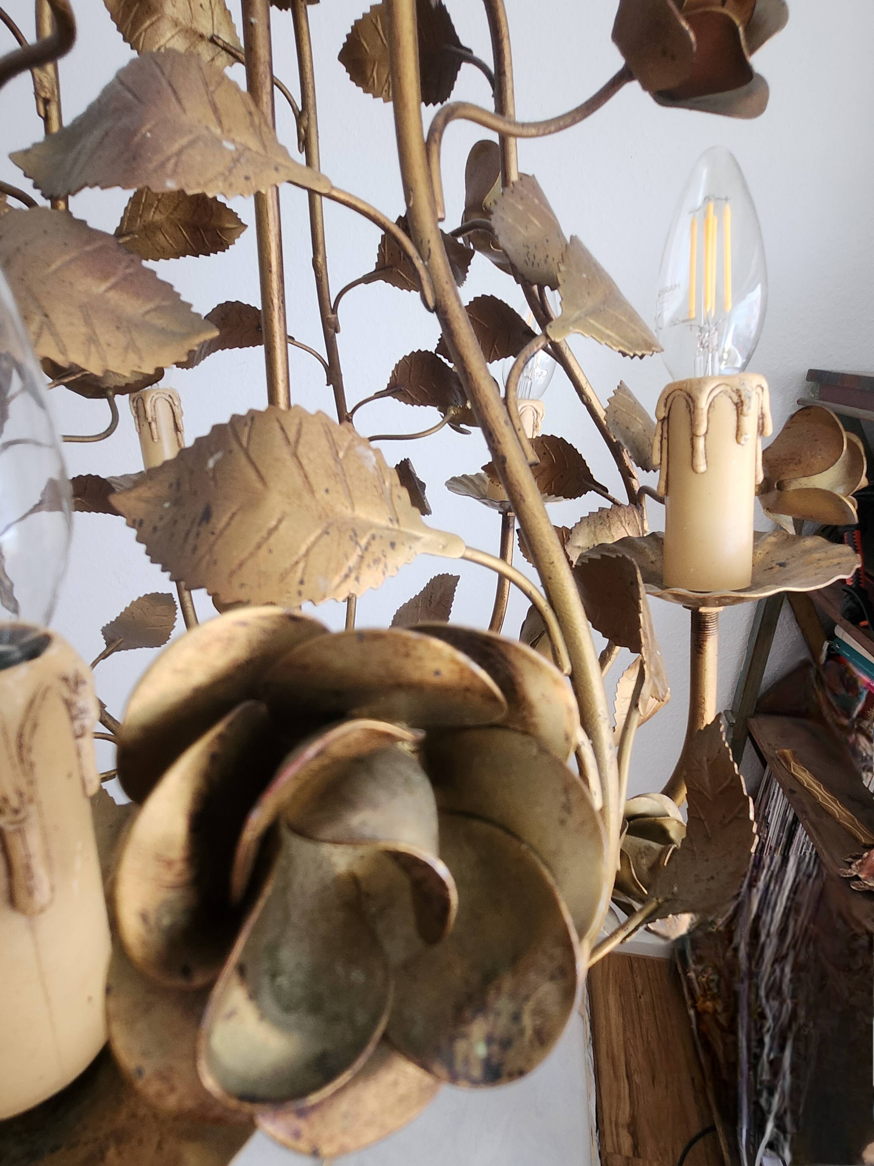 Chandelier hand-forged Hollywood Regency rose leaf decorations