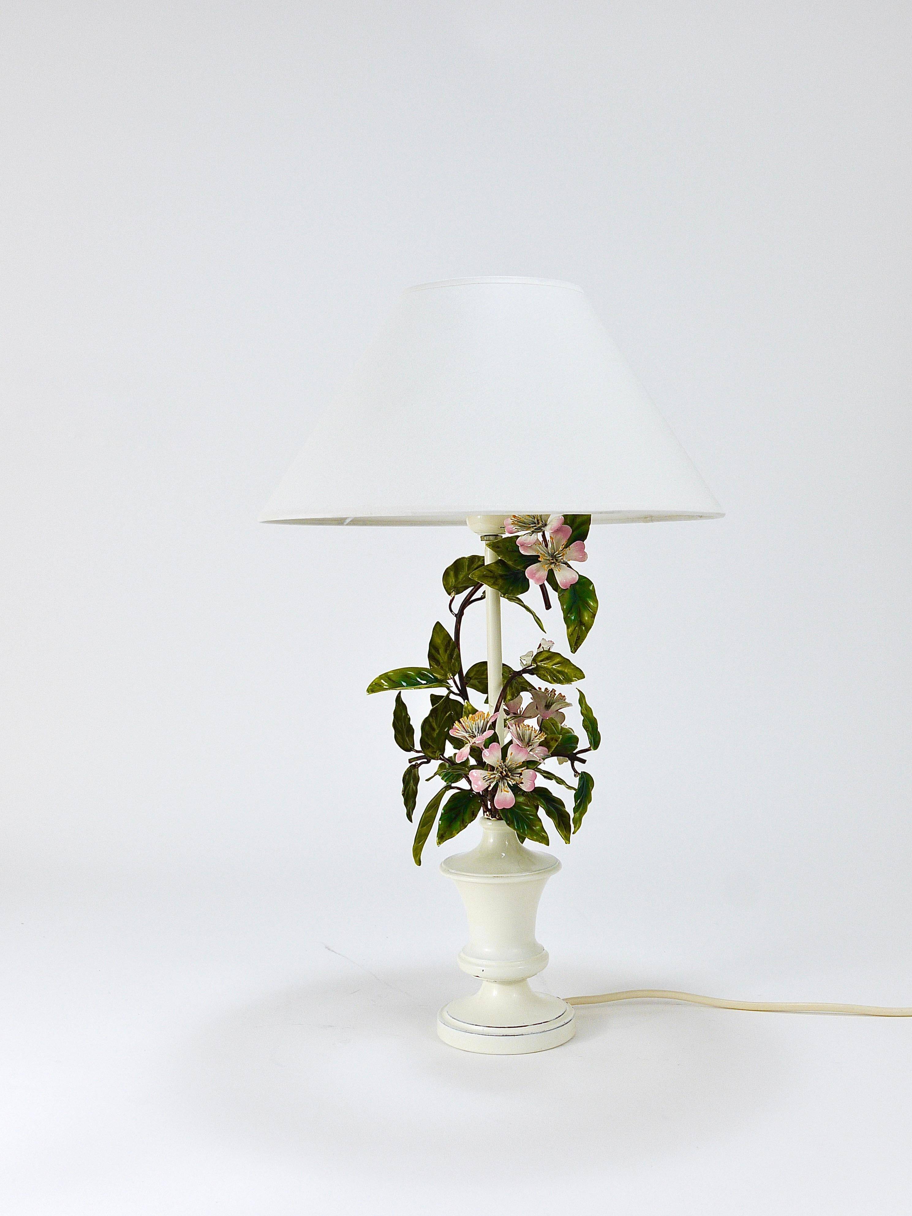 Hand-painted Toleware table lamp with wild apple blossom flowers, Salvadori, Italy, 1950s.