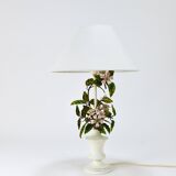 Hand-painted Toleware table lamp with wild apple blossom flowers, Salvadori, Italy, 1950s.