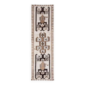 Tapis couloir en laine et coton fait main Oushak turc des années 1970, 99x300.