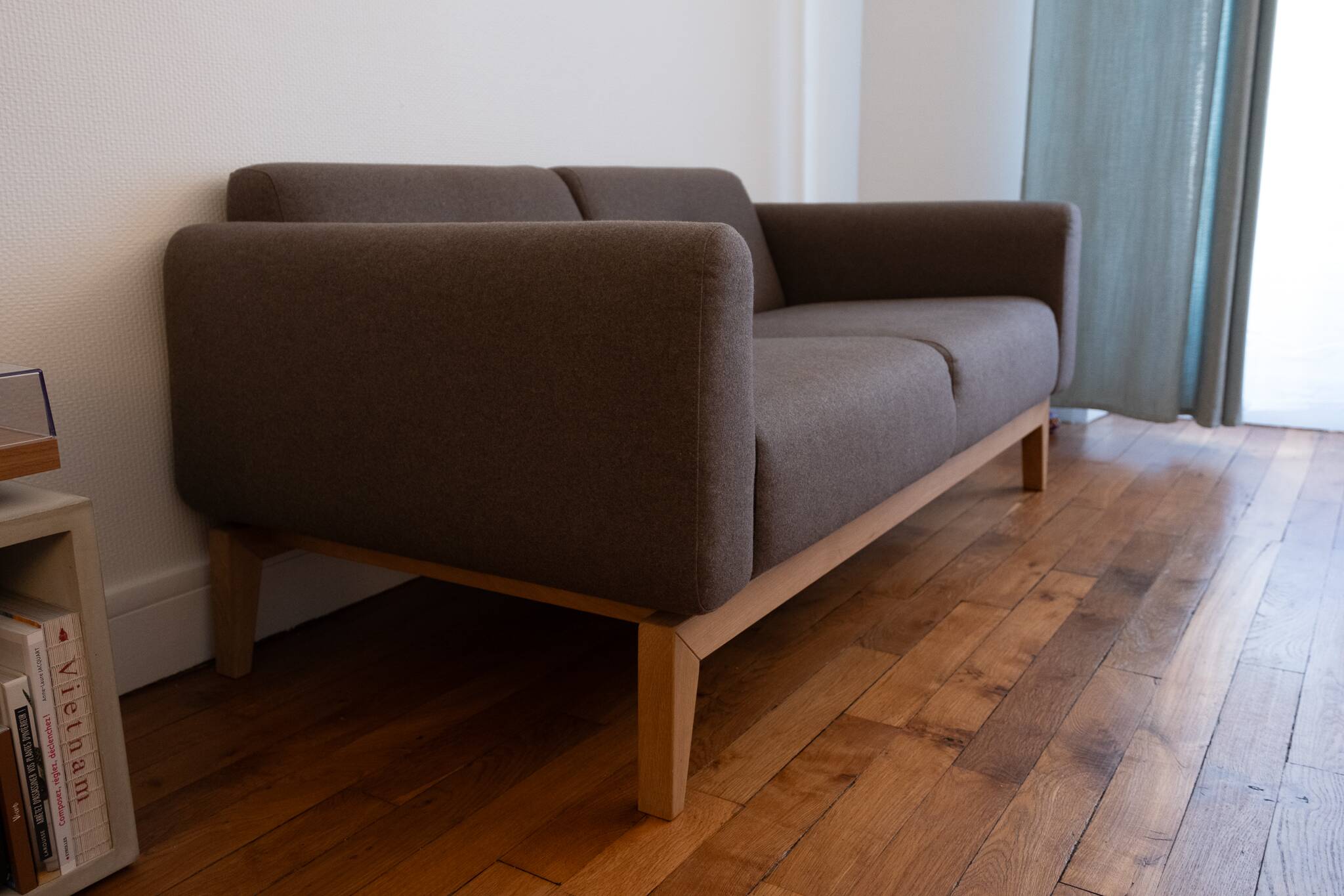 Tikamoon Bjorn sofa in solid oak and brown fabric, 2-seater.