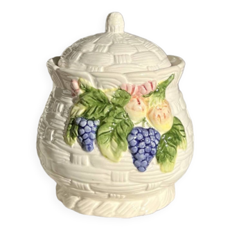 Vintage sugar bowl / candy dish with braided white slip and multicolored fruit decor