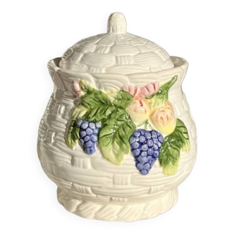 Sucrier / bonbonnière vintage barbotine blanche tressée et décor fruits multicolores