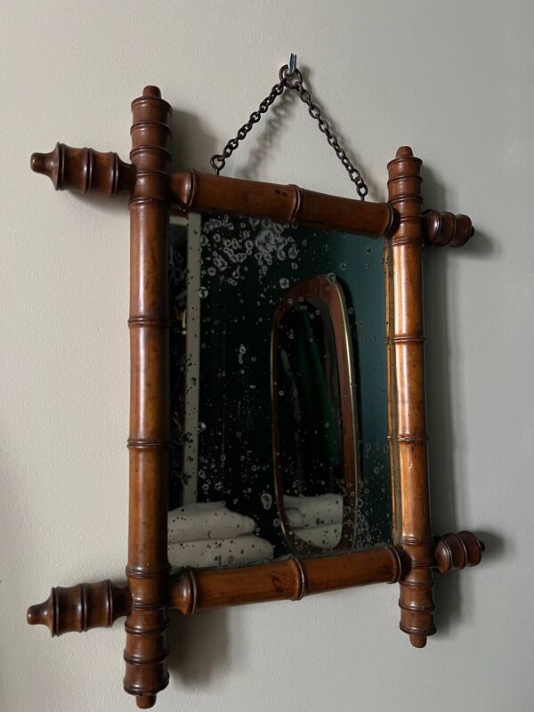 Petit miroir ancien bois tourné effet bambou