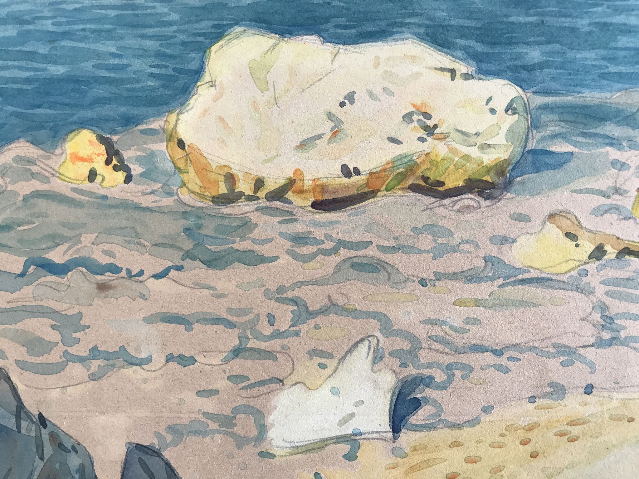 Original watercolor by Tony MINARTZ (1870-1944) Two bathers on a rocky beach on the Riviera