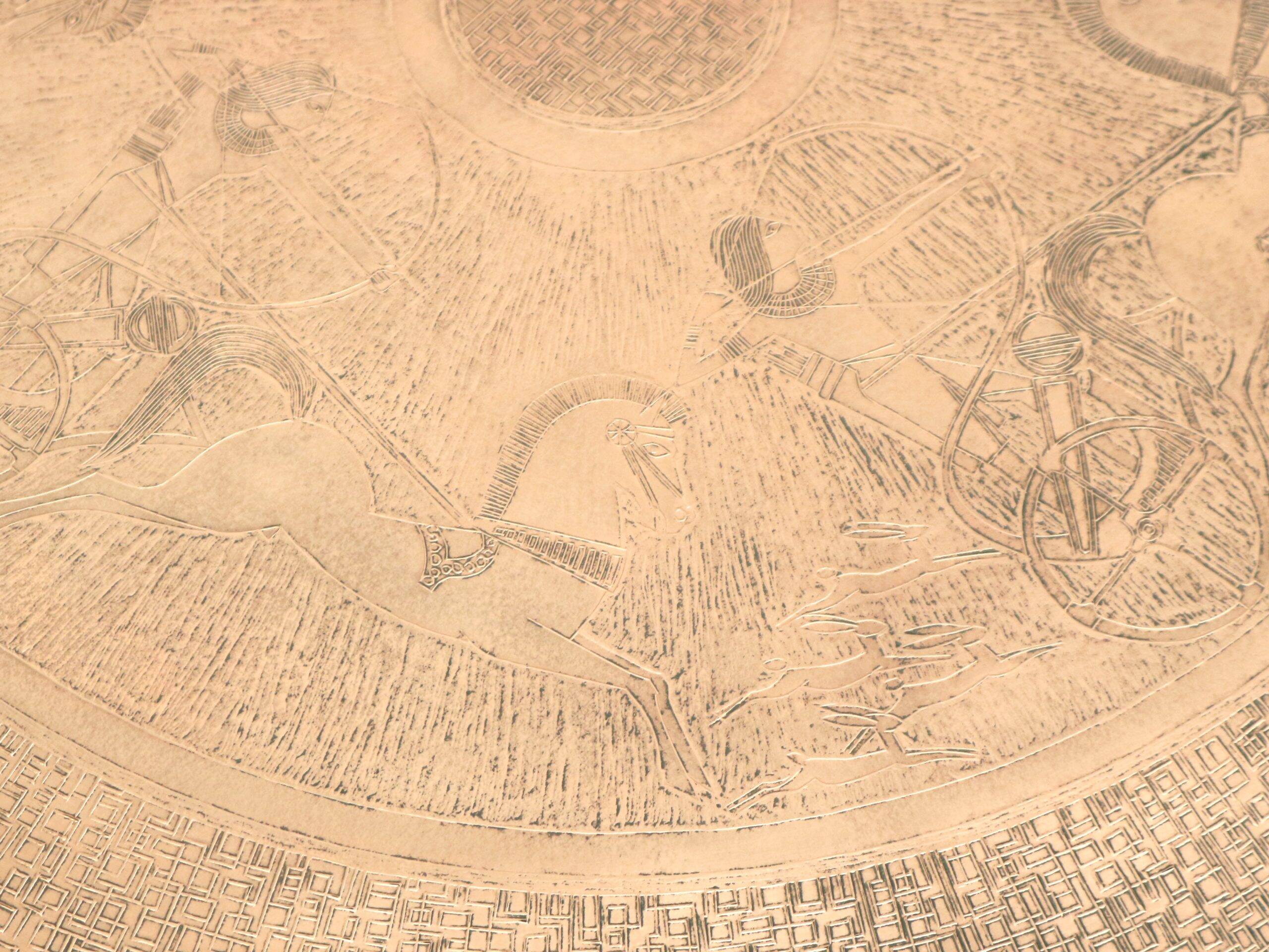 Round vintage brutalist coffee table by VAD Trævarefabrik with copper top