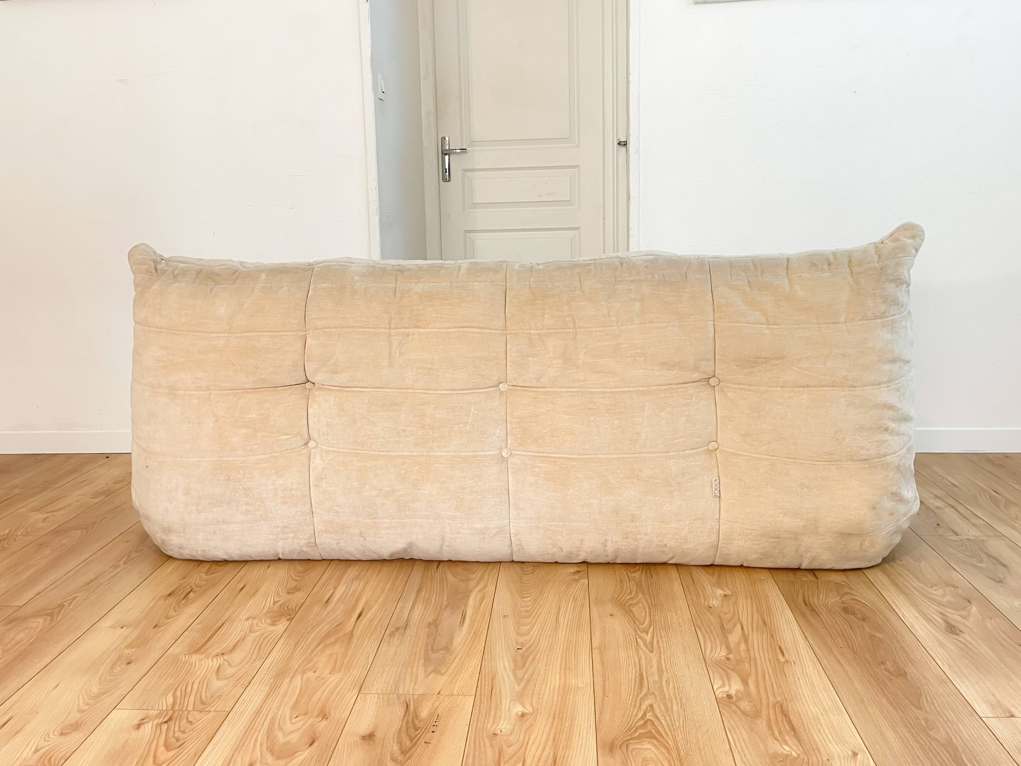 Togo sofa 3 places by Michel Ducaroy in beige velvet