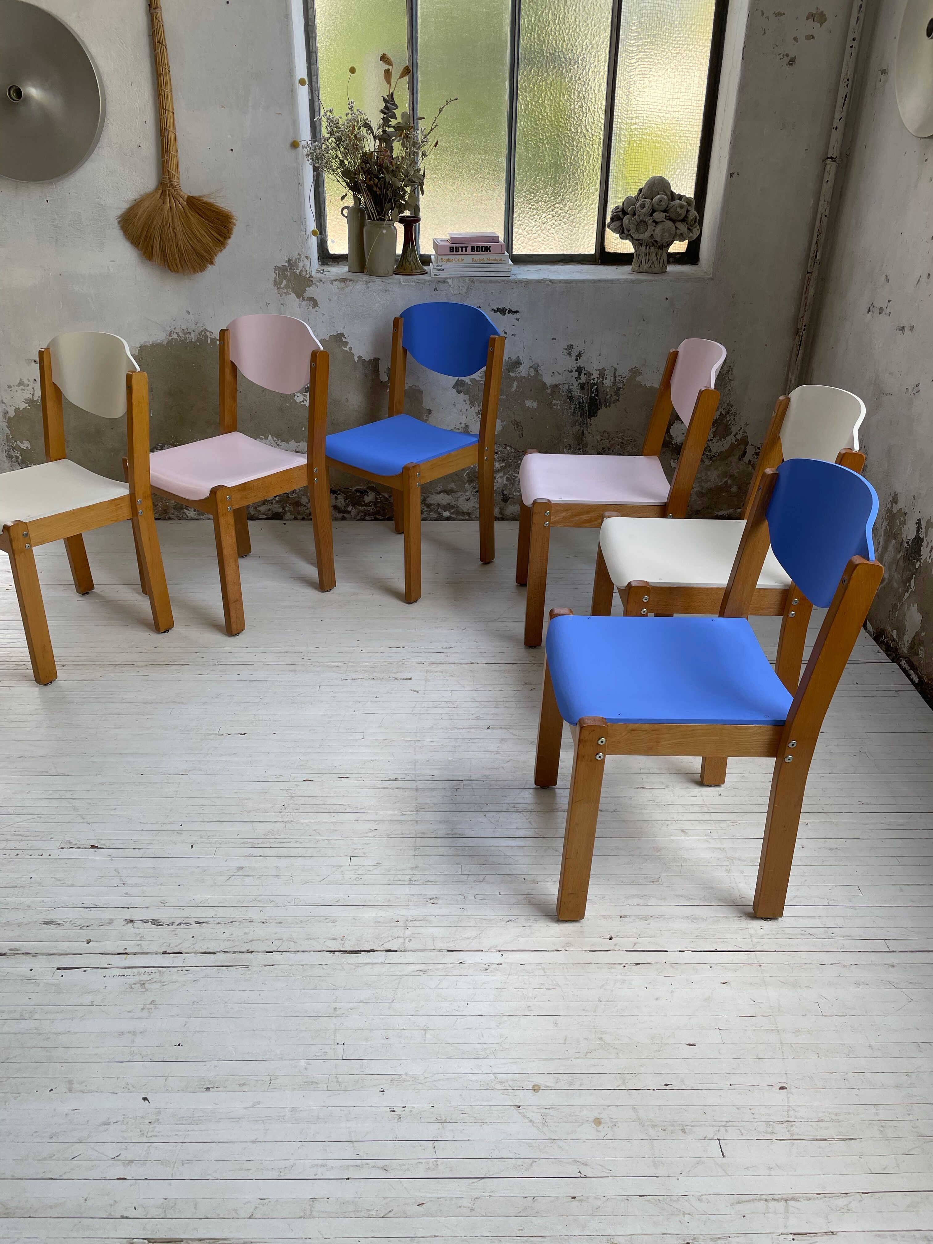6 colorful 80s beech chairs