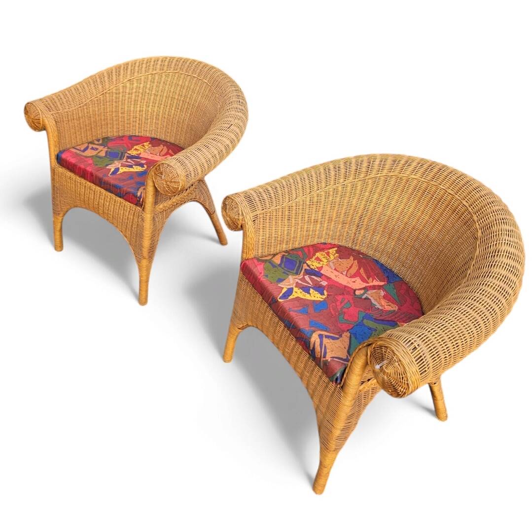 2 x rattan  arm chairs 1980s with original upholstery