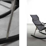 Vintage Mid-Century Postmodern Minimalist Black Leather Rocking Chair by Takeshi Nii, 1950s