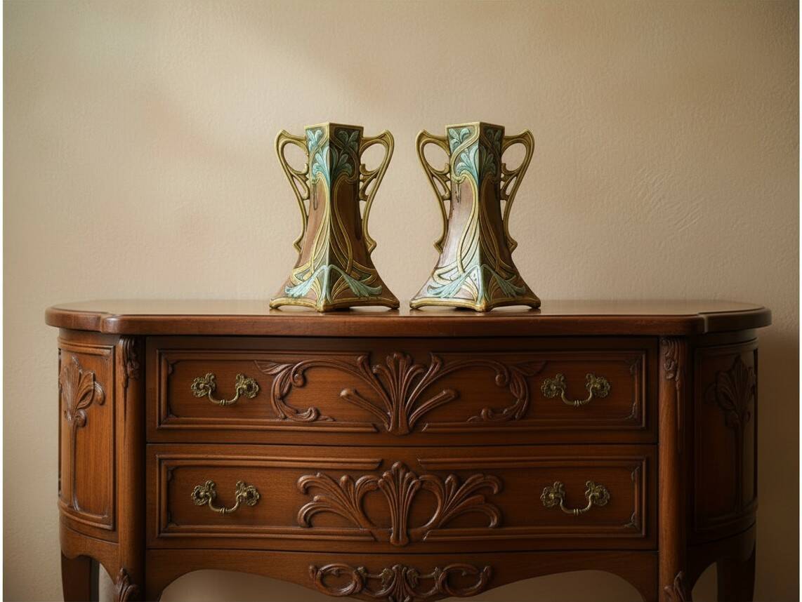 Art Nouveau, two barbotine vases from Onnaing around 1920.