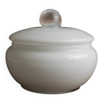 Vintage Murano glass candy bowl with lid in white and transparent glass – Italy 1970s, timeless table decoration