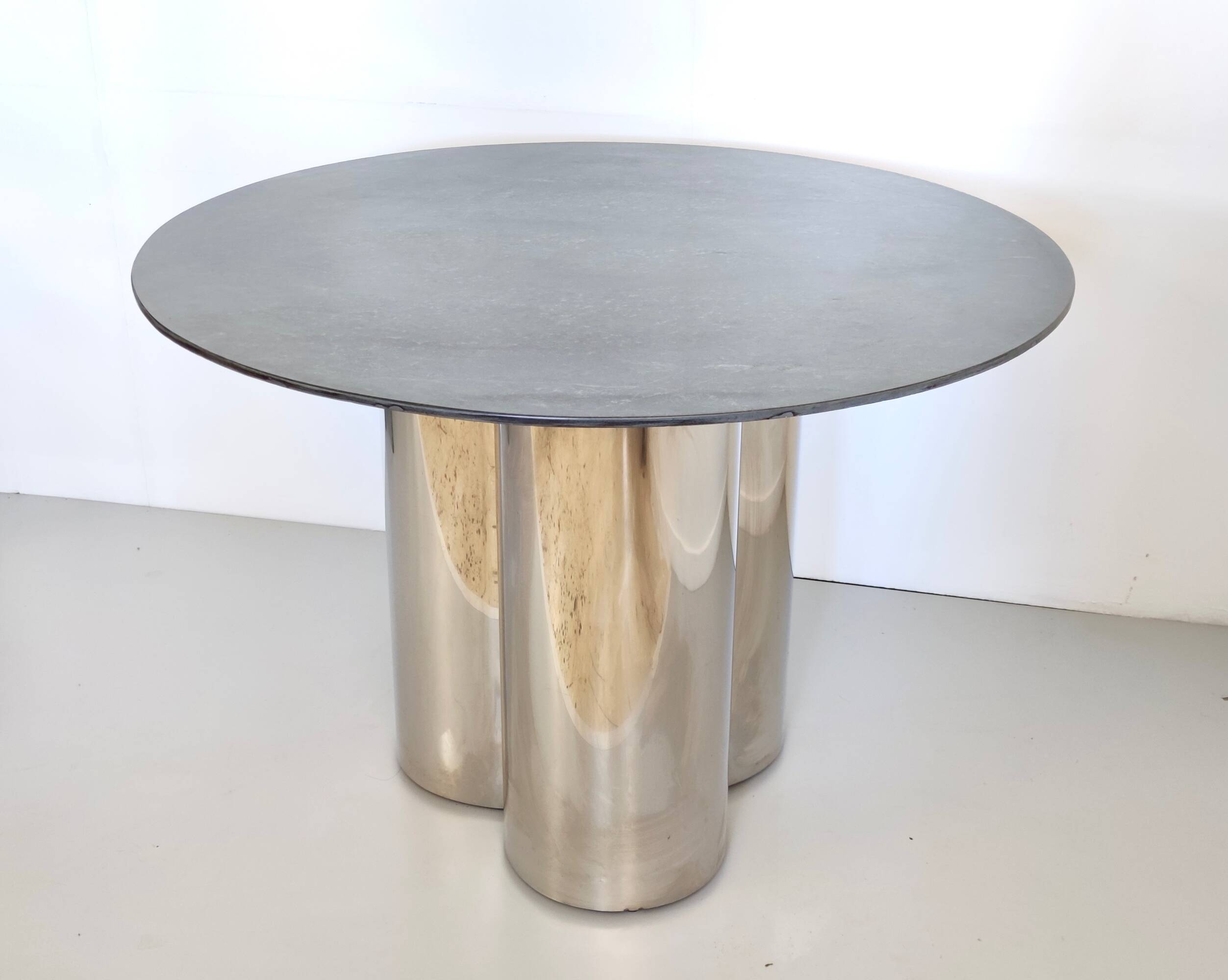 Postmodern Steel Dining Table with a Round Green Marble Top, Italy