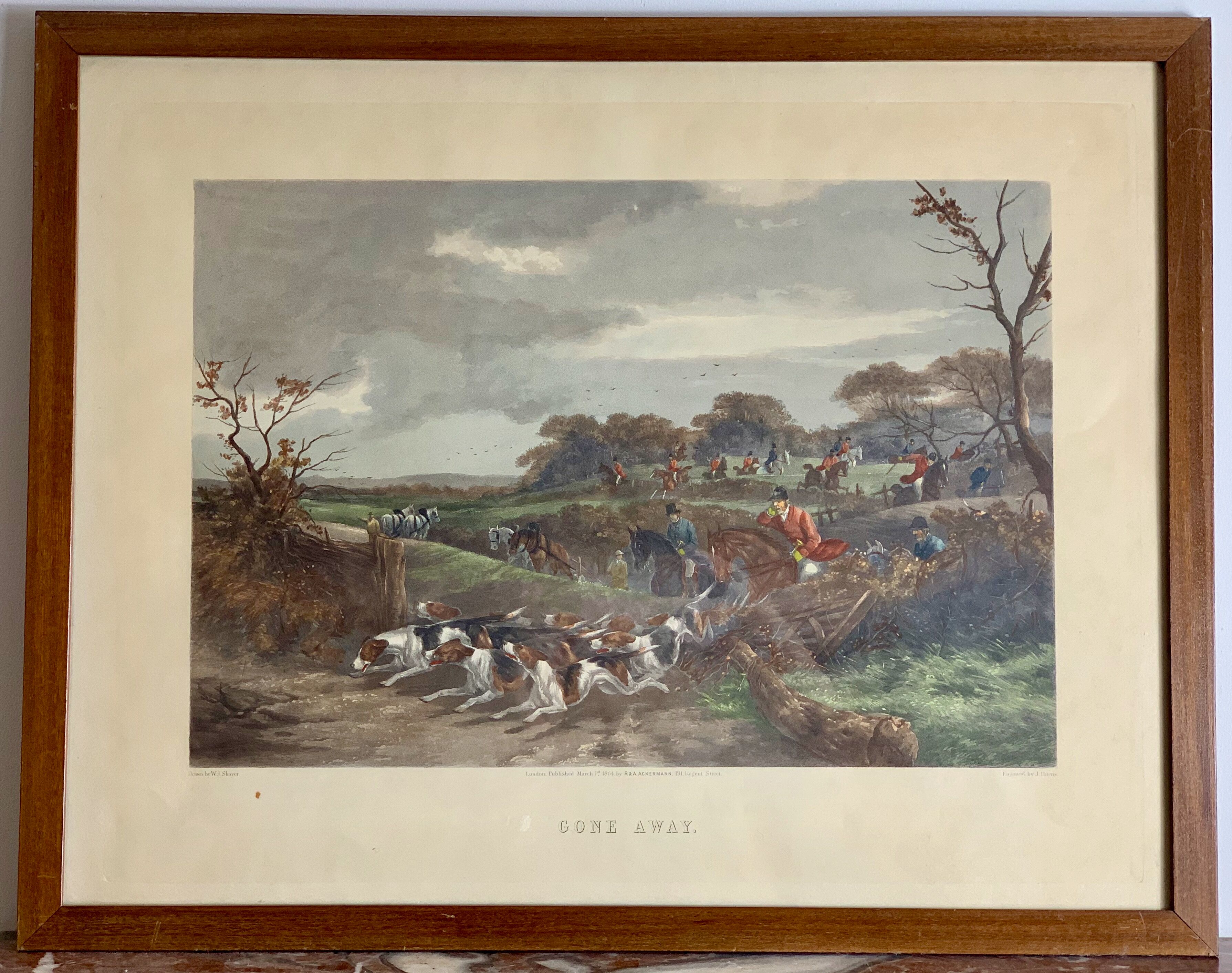 English engraving of hunting hound and hunting dog