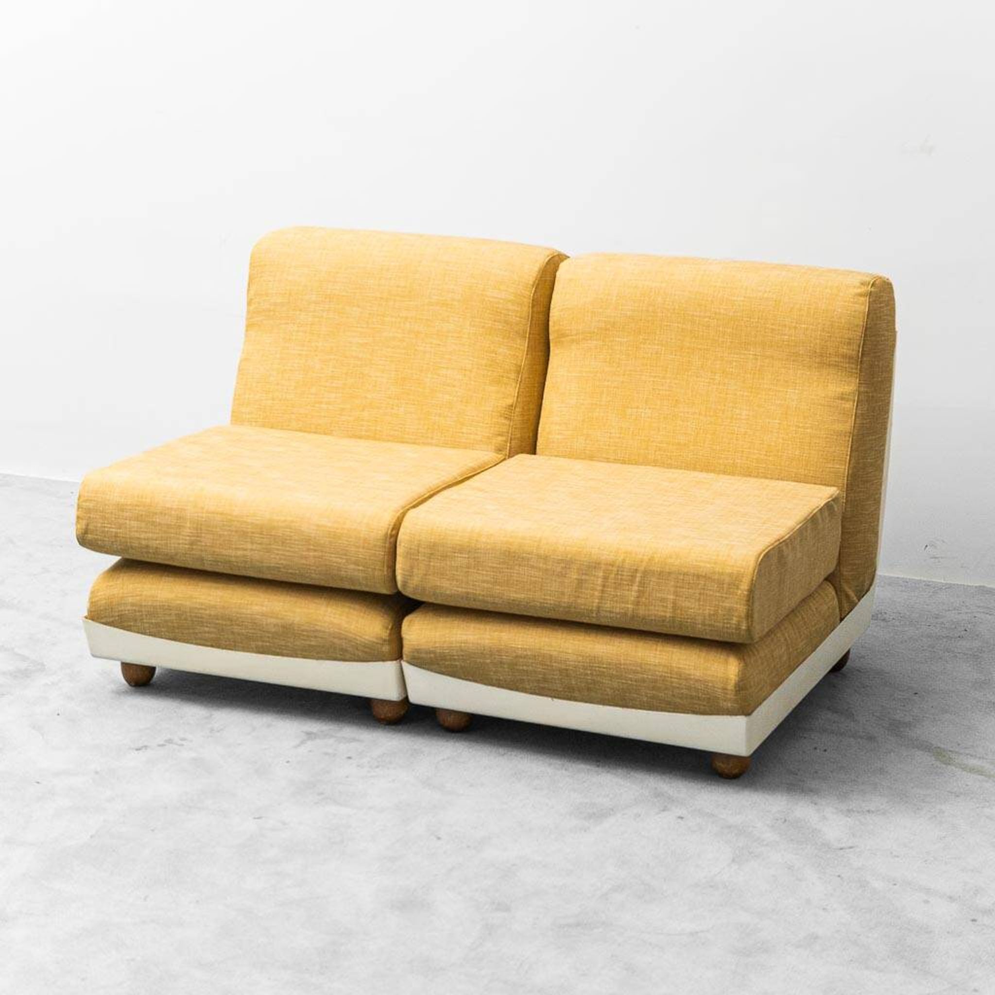 Pair of vintage yellow fabric armchairs, 1970s modernism
